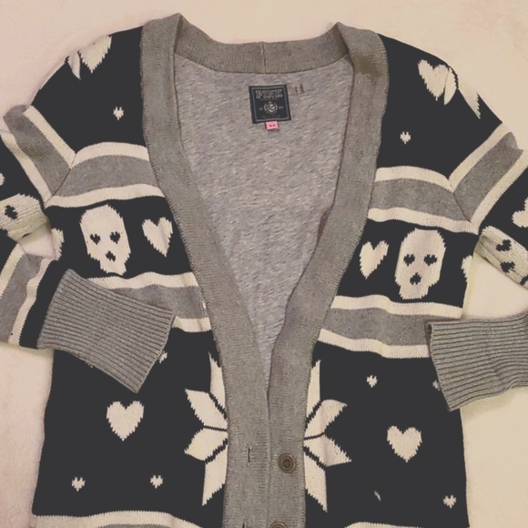 RARE PINK Victoria's Secret Cardigan Hearts Skulls Black and Gray - Picture 2 of 7